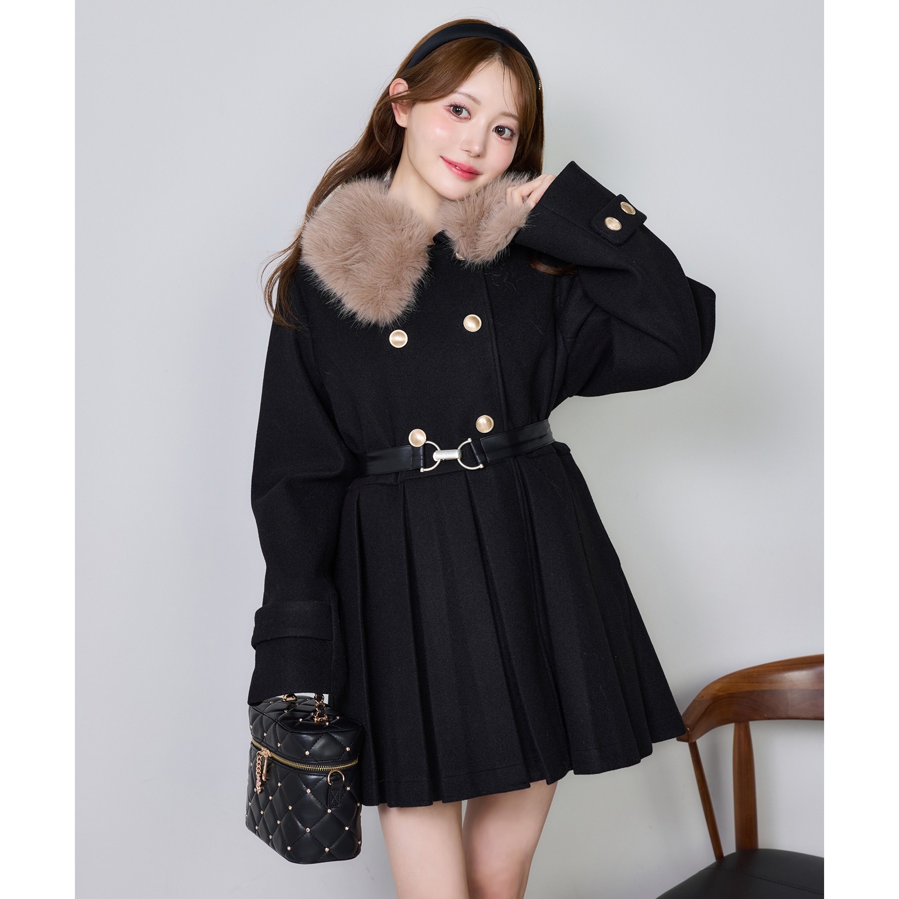 ウエストベルト付きフェイクファー襟ミドルコート | ファッション通販