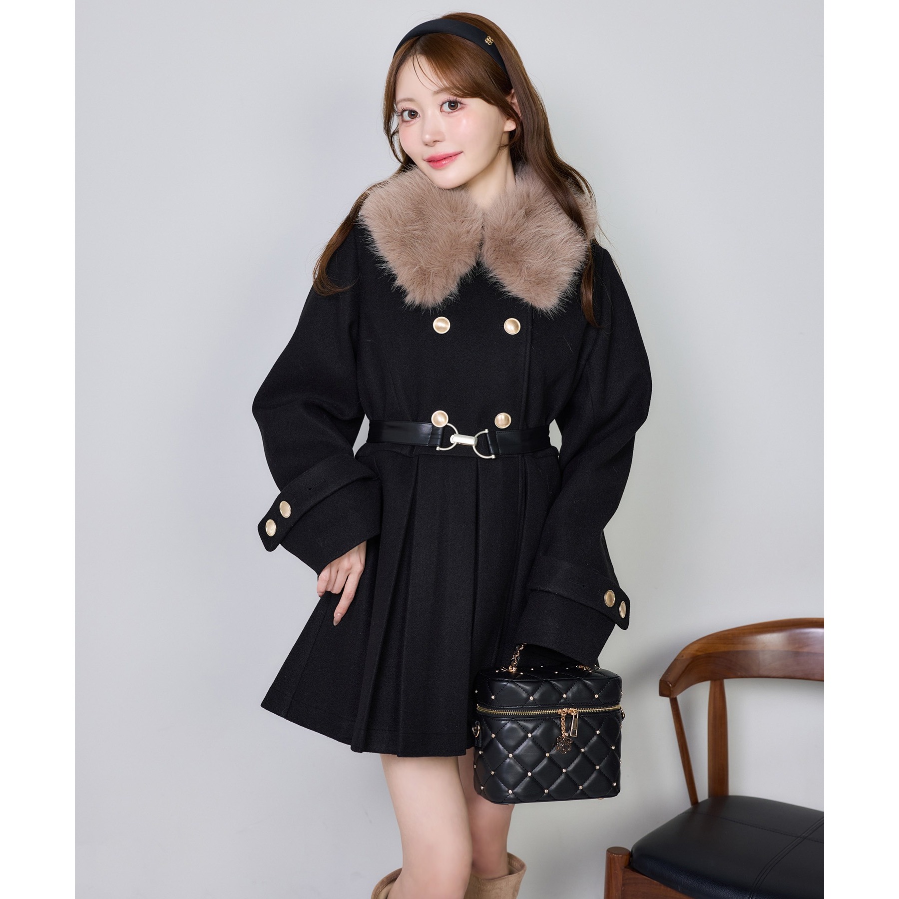 ウエストベルト付きフェイクファー襟ミドルコート | ファッション通販