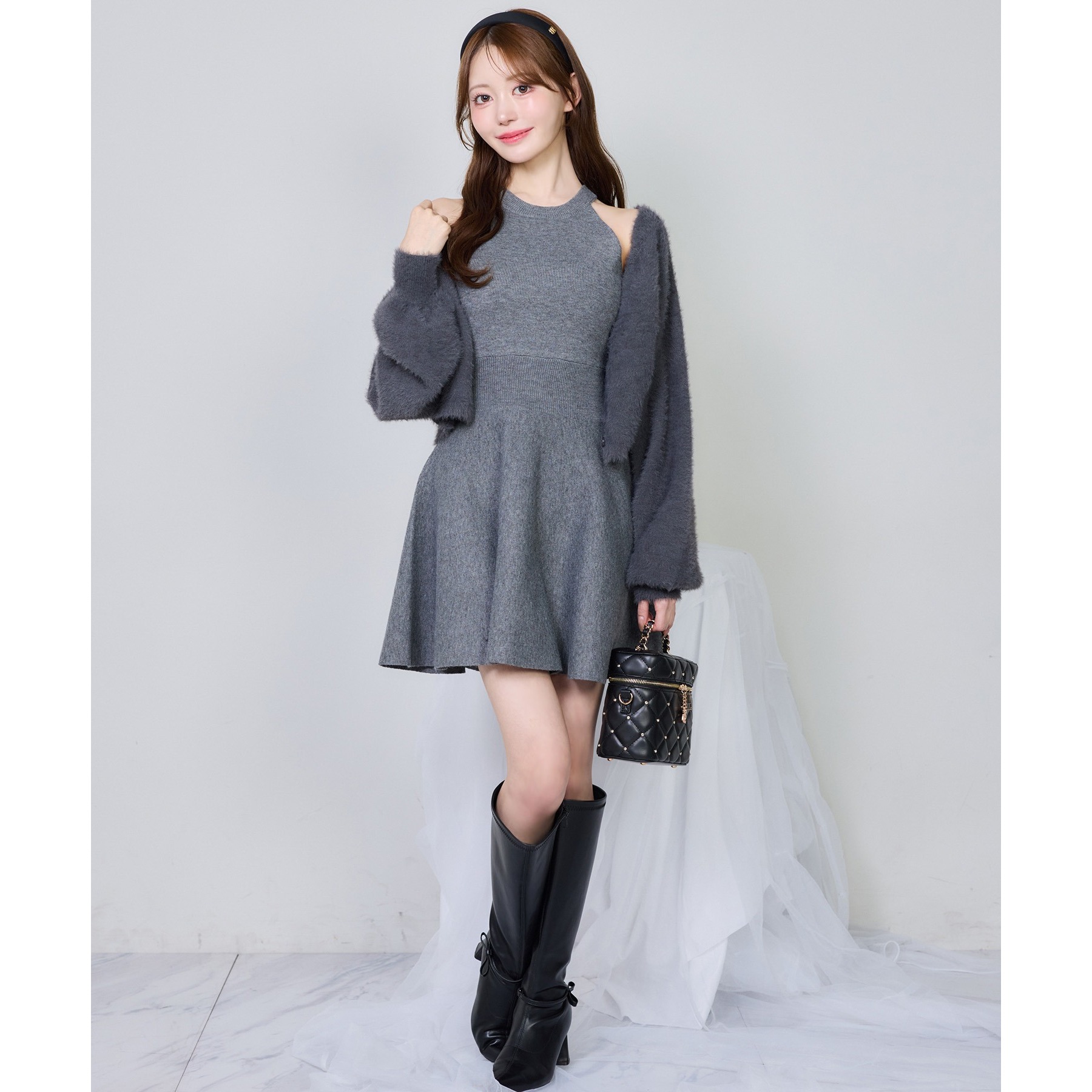 2wayフェザーカーデSET後ろリボンニットミニワンピ | ファッション通販