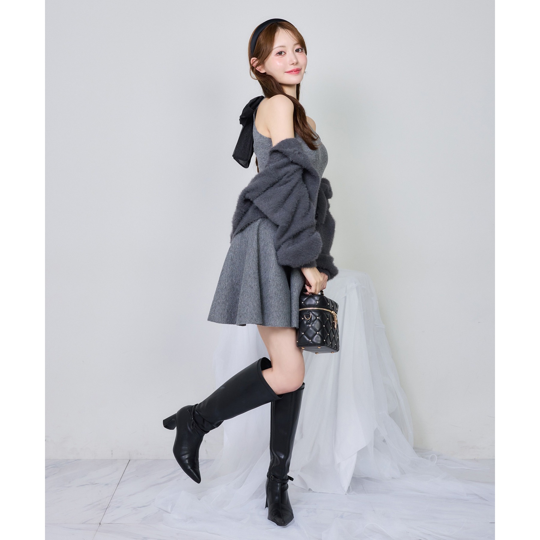 2wayフェザーカーデSET後ろリボンニットミニワンピ | ファッション通販