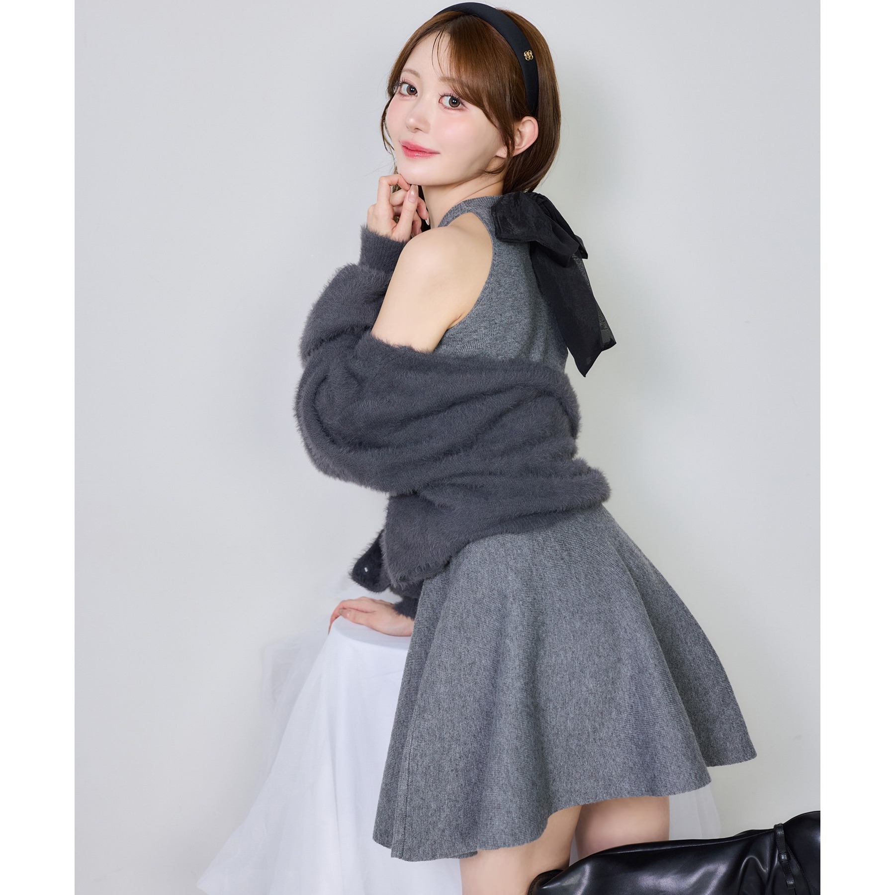 2wayフェザーカーデSET後ろリボンニットミニワンピ | ファッション通販