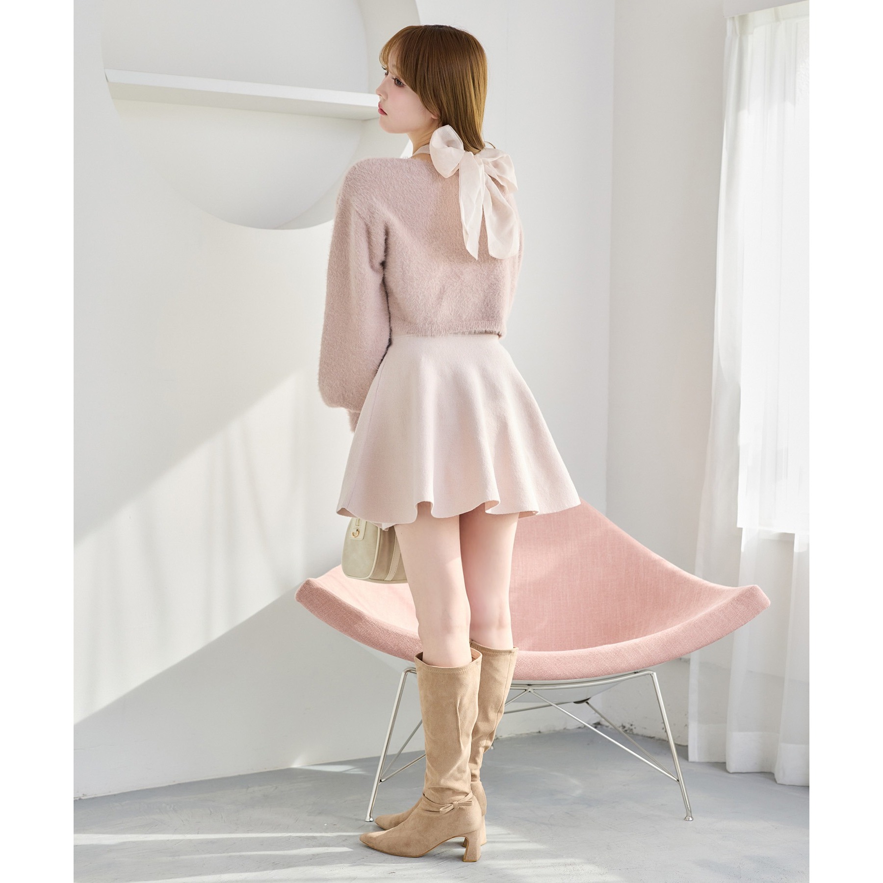 2wayフェザーカーデSET後ろリボンニットミニワンピ | ファッション通販