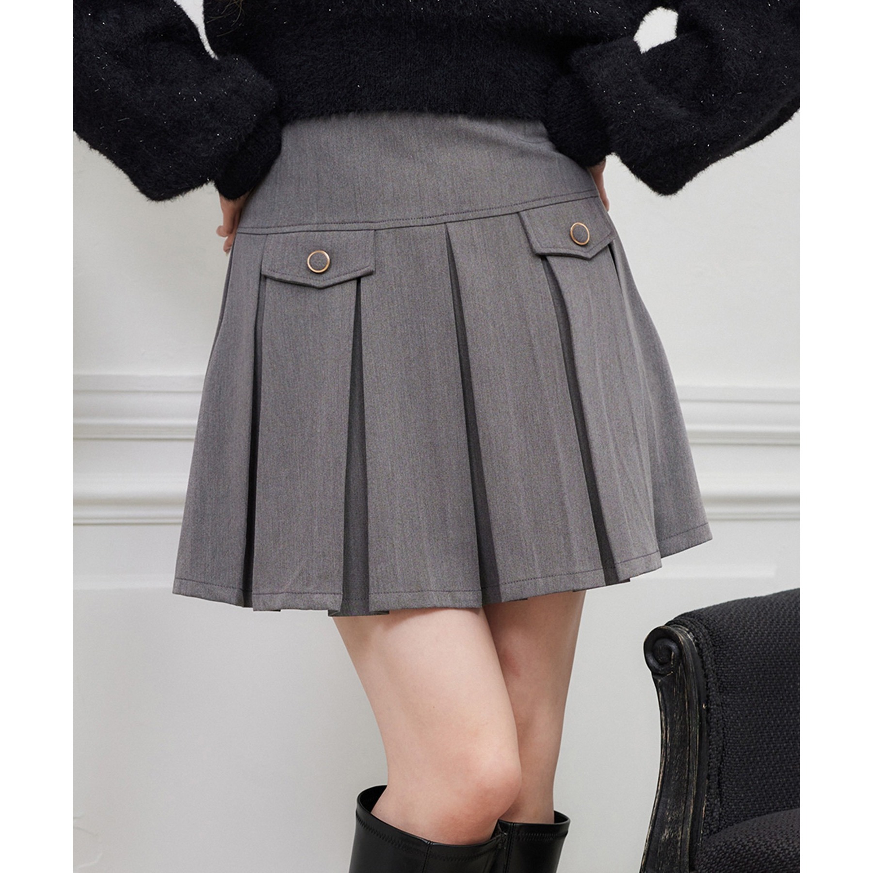 金ボタンボックスプリーツミニスカート