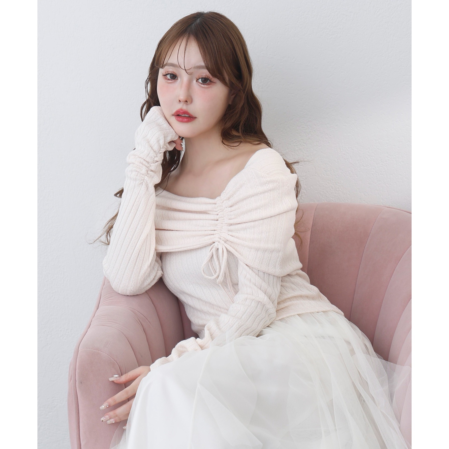 ドロストリボンオフショルトップス