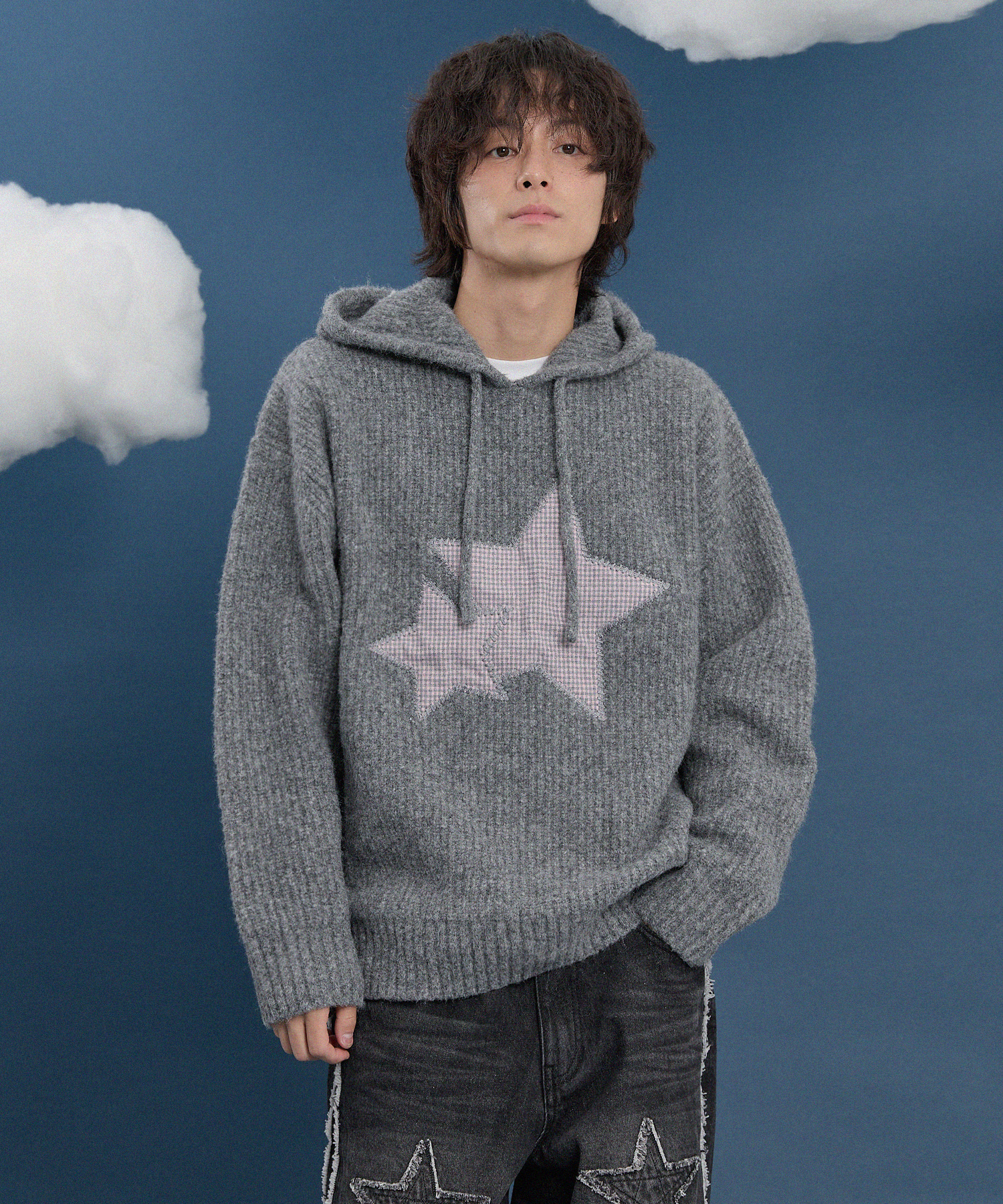 Big Star Check Applique Hood Knit GREY