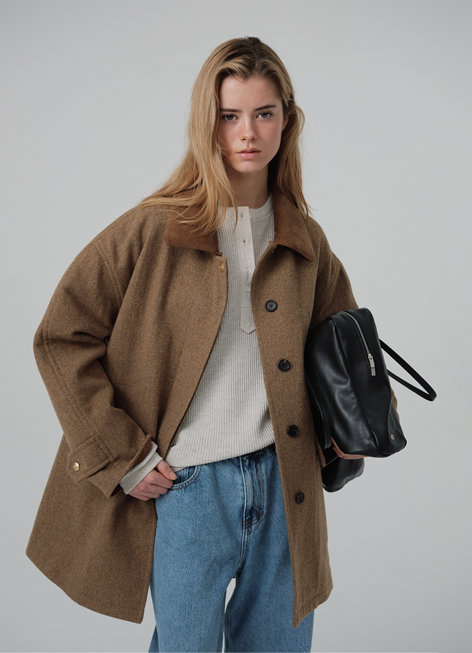 [nugu限定商品] Corduroy Collar Herringbone Short Coat_Camel