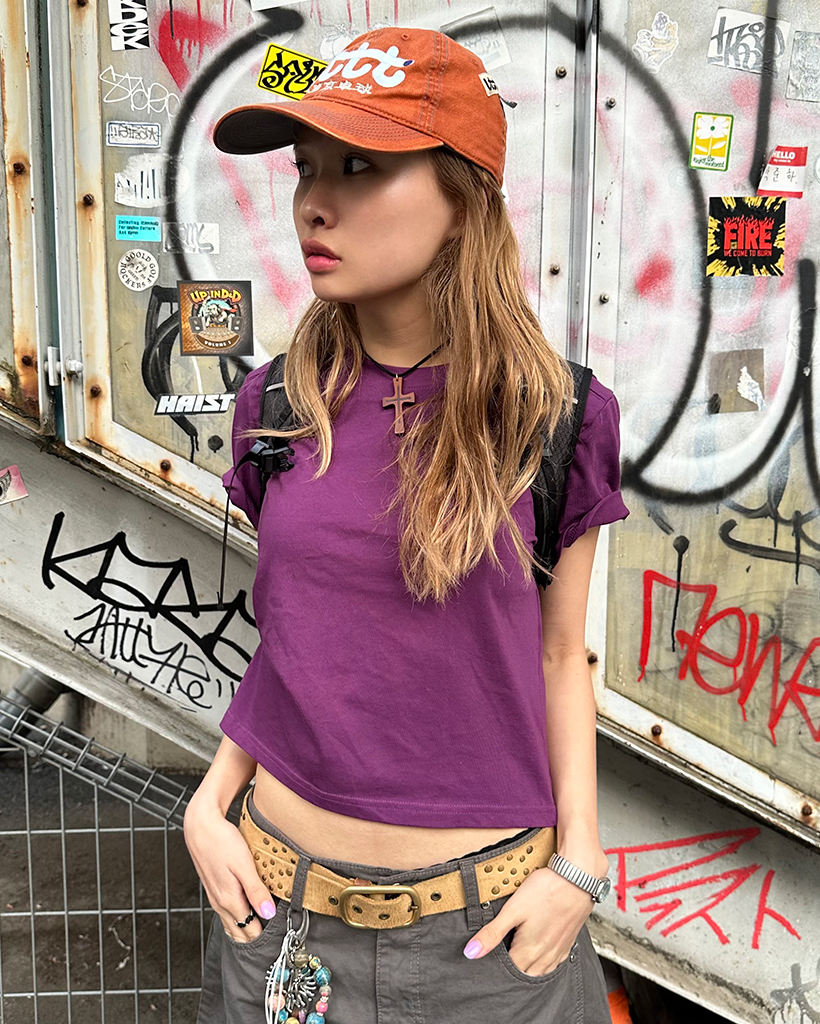 ショルダーシームセミクロップドハーフTシャツ