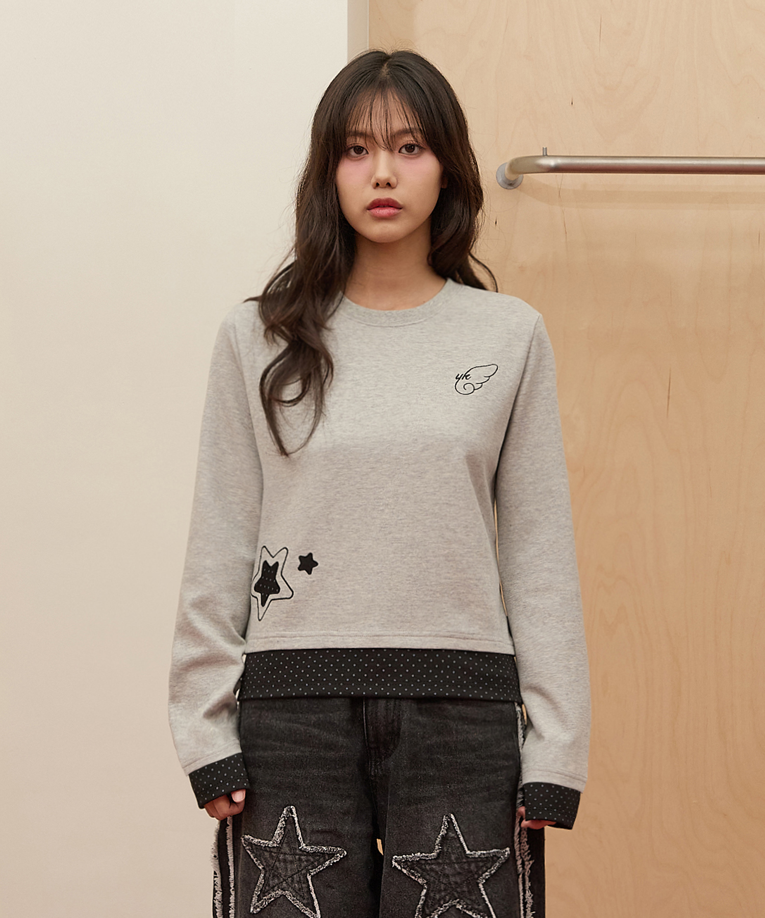 Dot Applique Layerd Long Sleeve T-shirt GREY