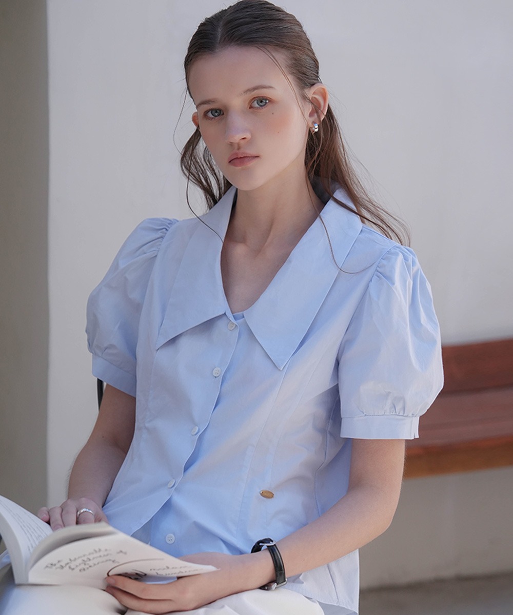 Deep Collar Blouse [Blue]