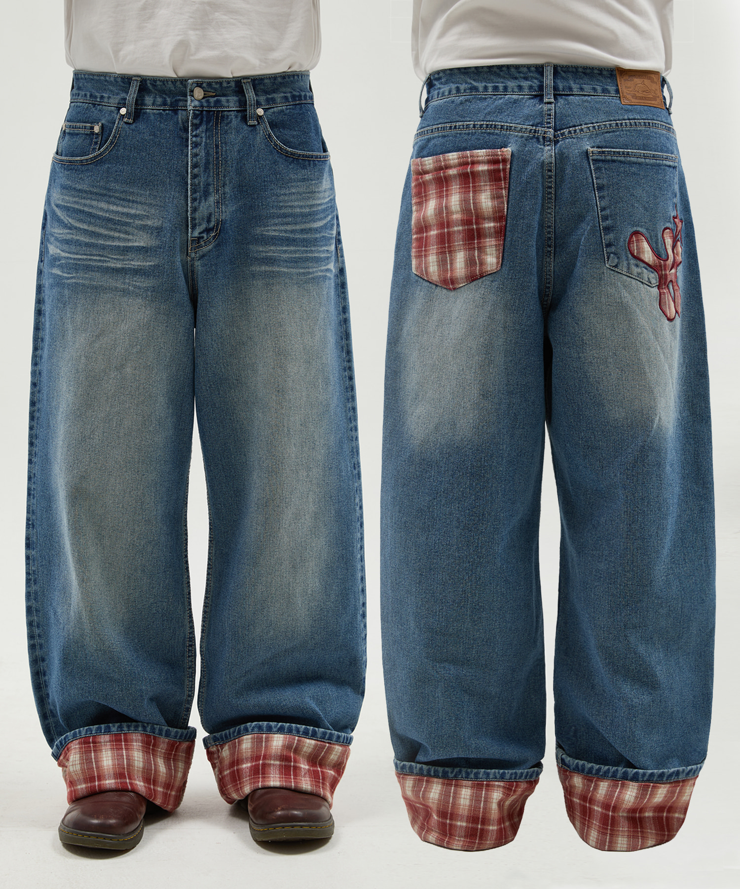 Check Applique Roll Up Denim Pants MEDIUM BLUE