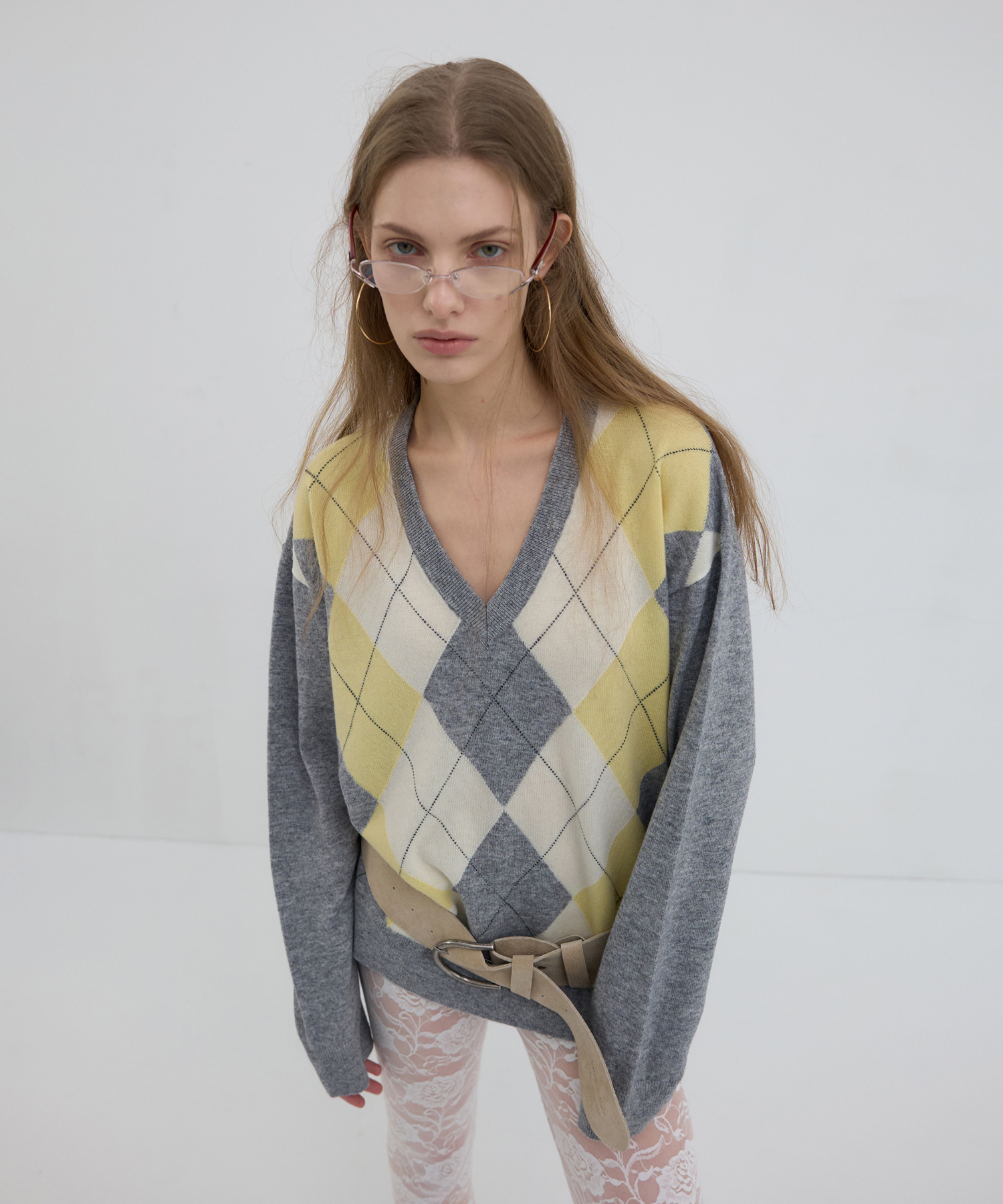 CLASSIC ARGYLE V-NECK KNIT_LEMON/GRAY