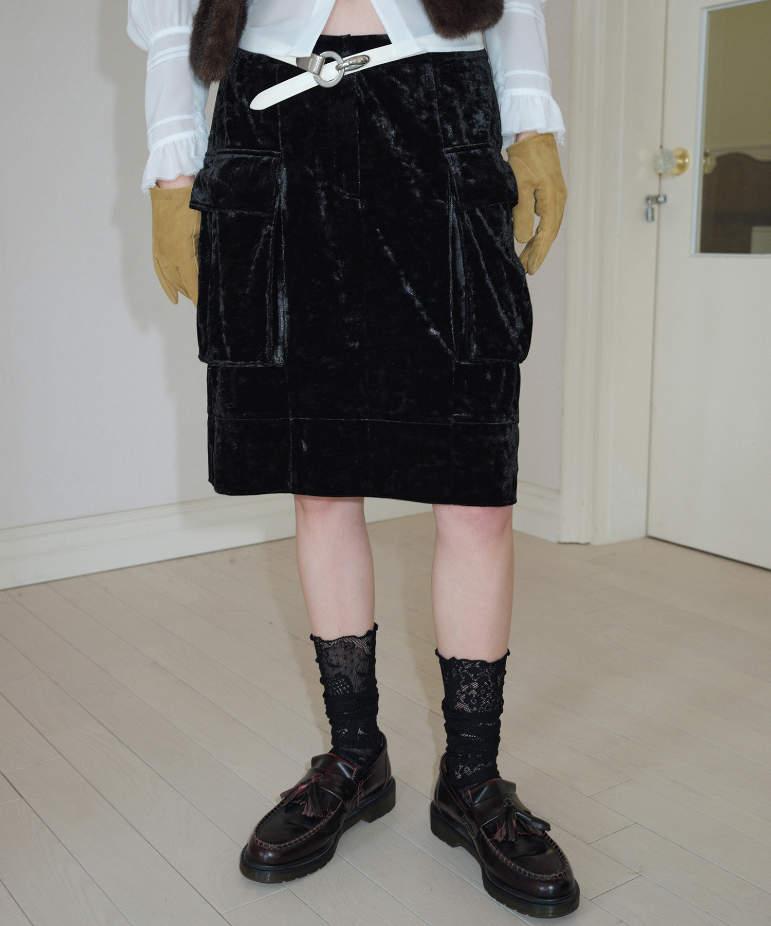 VELVET CARGO MIDI SKIRT_BLACK