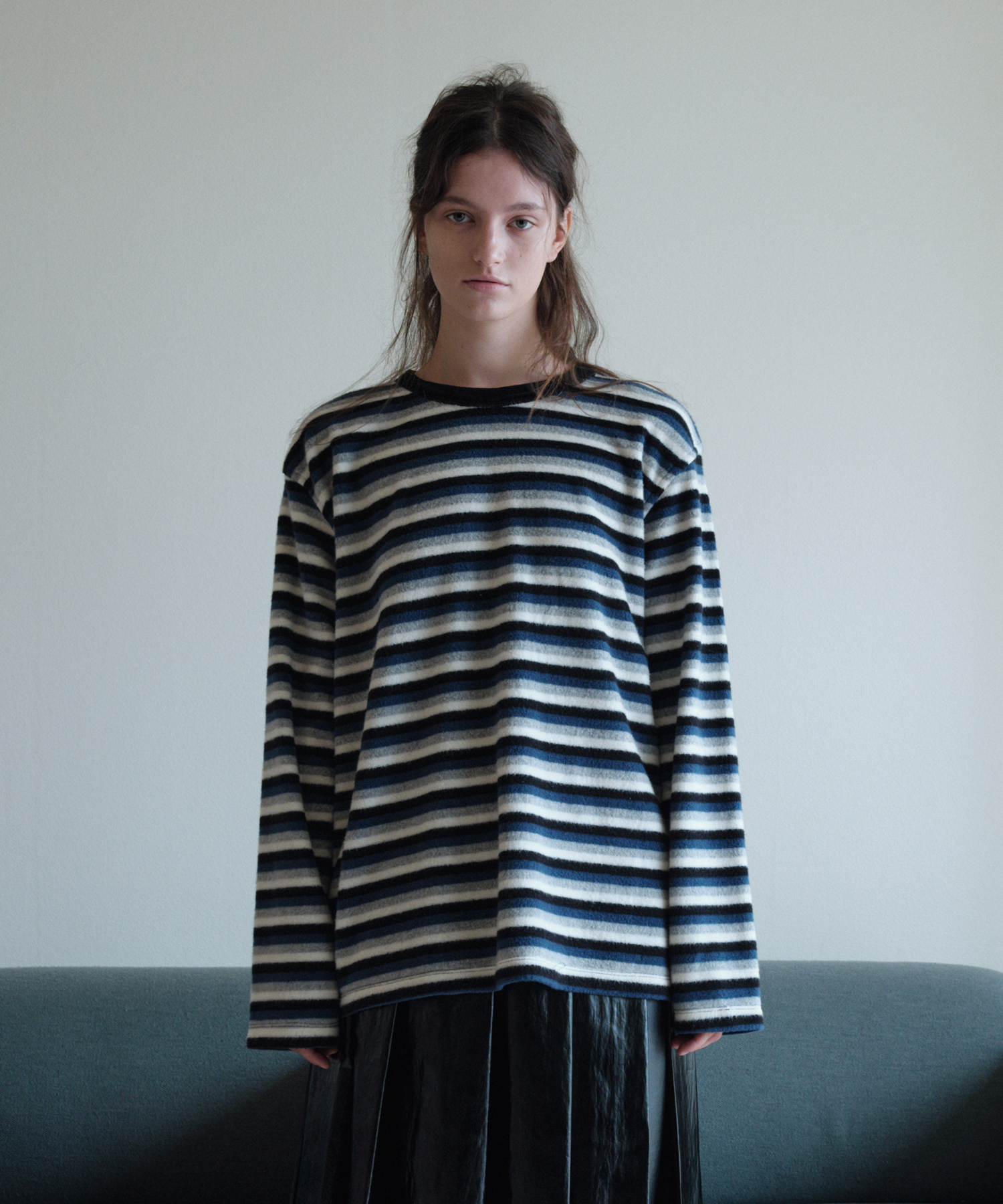 FUZZY LOOSE STRIPE T-SHIRT_BLUE