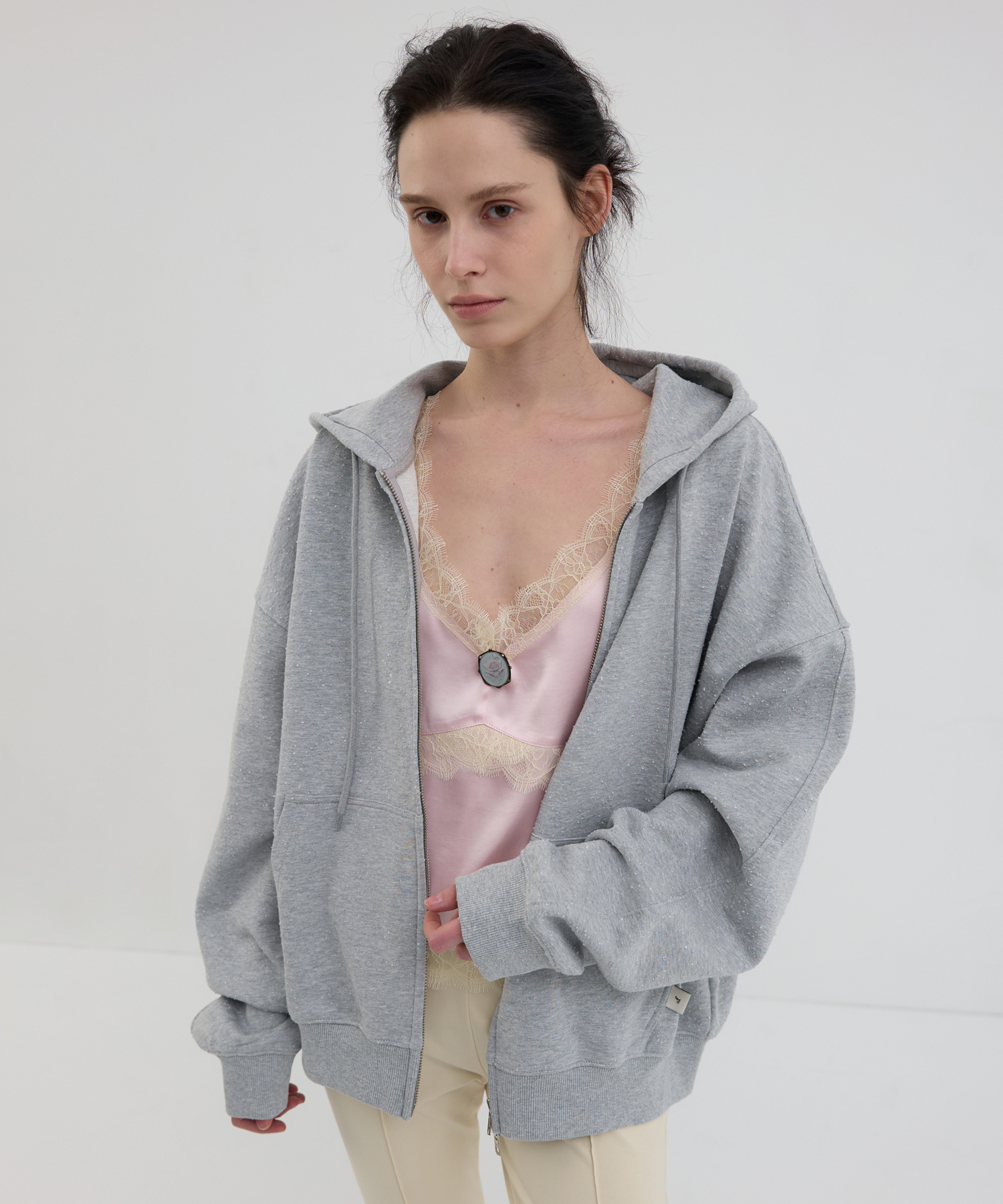DAMAGED WASHED ZIP-UP HOODIE_MELANGE GRAY