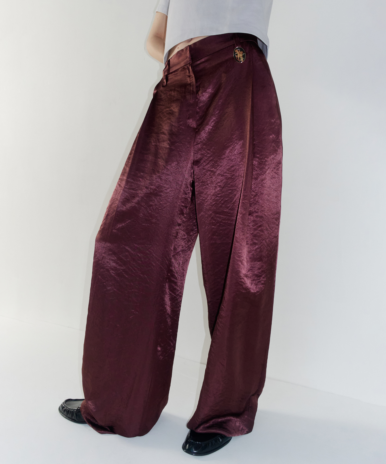 SATIN WIDE PANTS_CHERRY BROWN