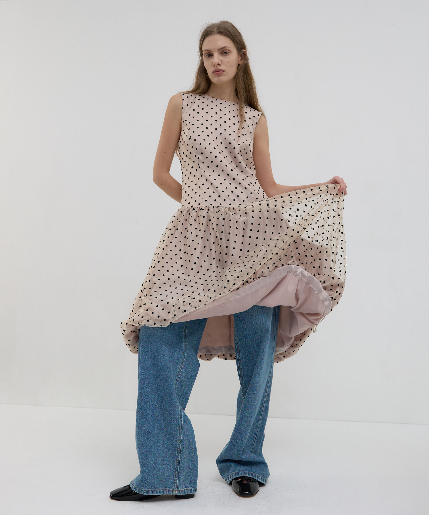 DOT VOLUME ORGANZA DRESS_BEIGE