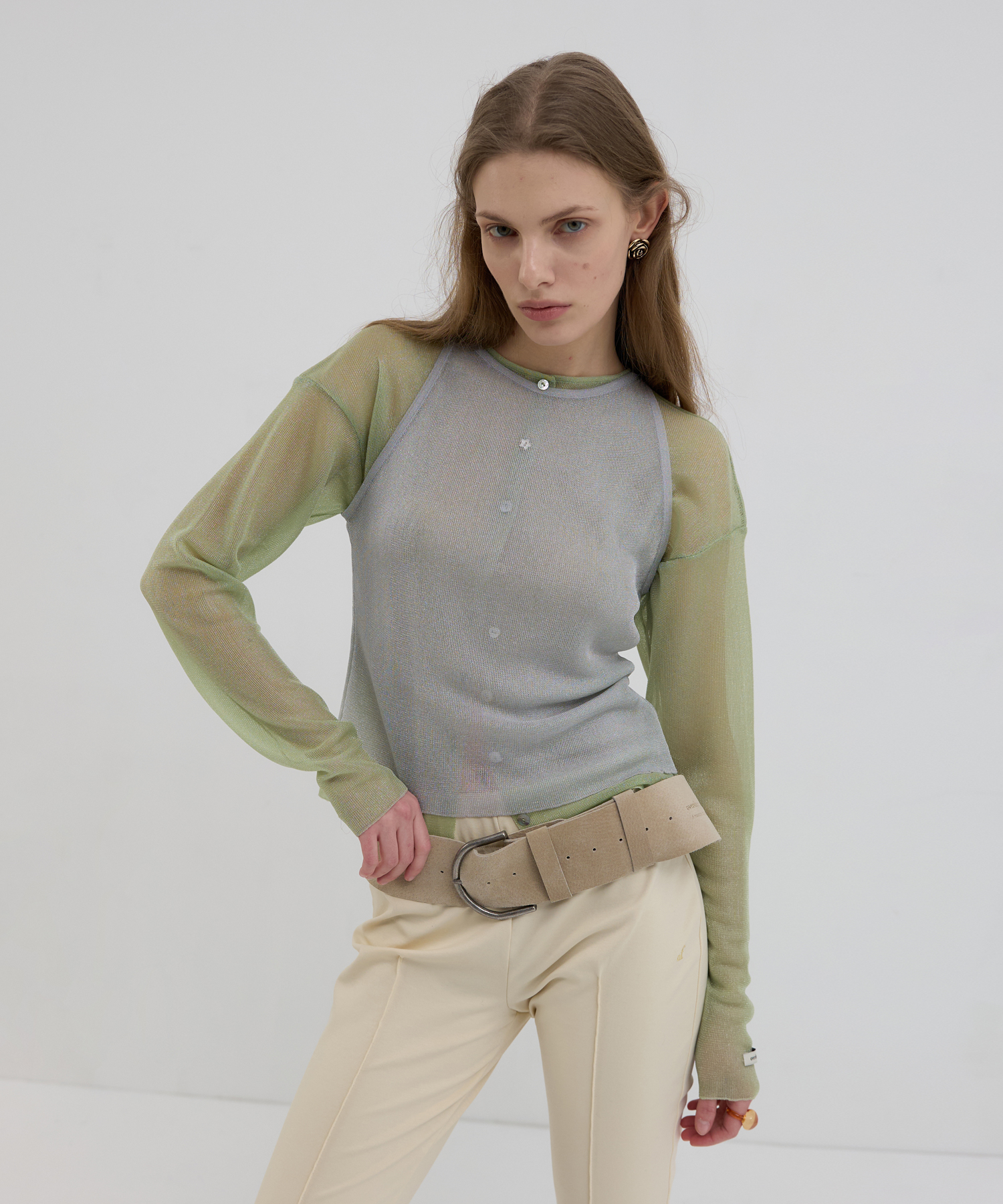 SHEER GLOSSY HALTER KNIT TOP_SILVER