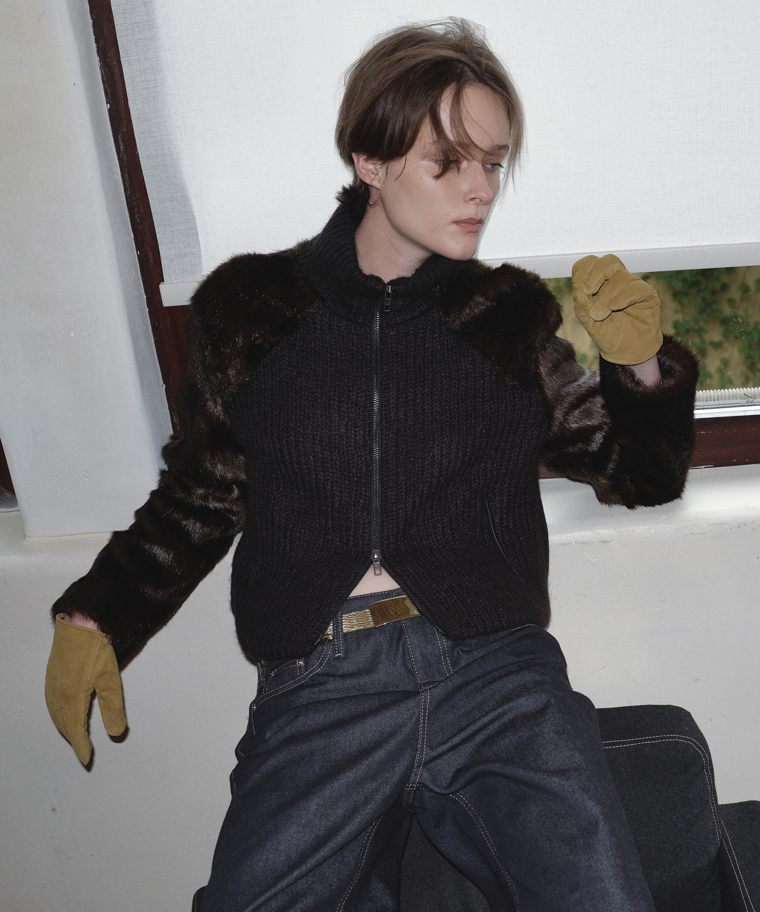 【購入特典】FUR COMBI WOOL KNIT JACKET_BLACK BROWN