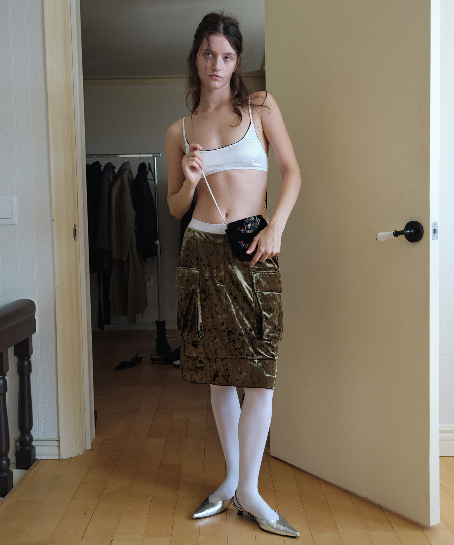 VELVET CARGO MIDI SKIRT_OLIVE KHAKI