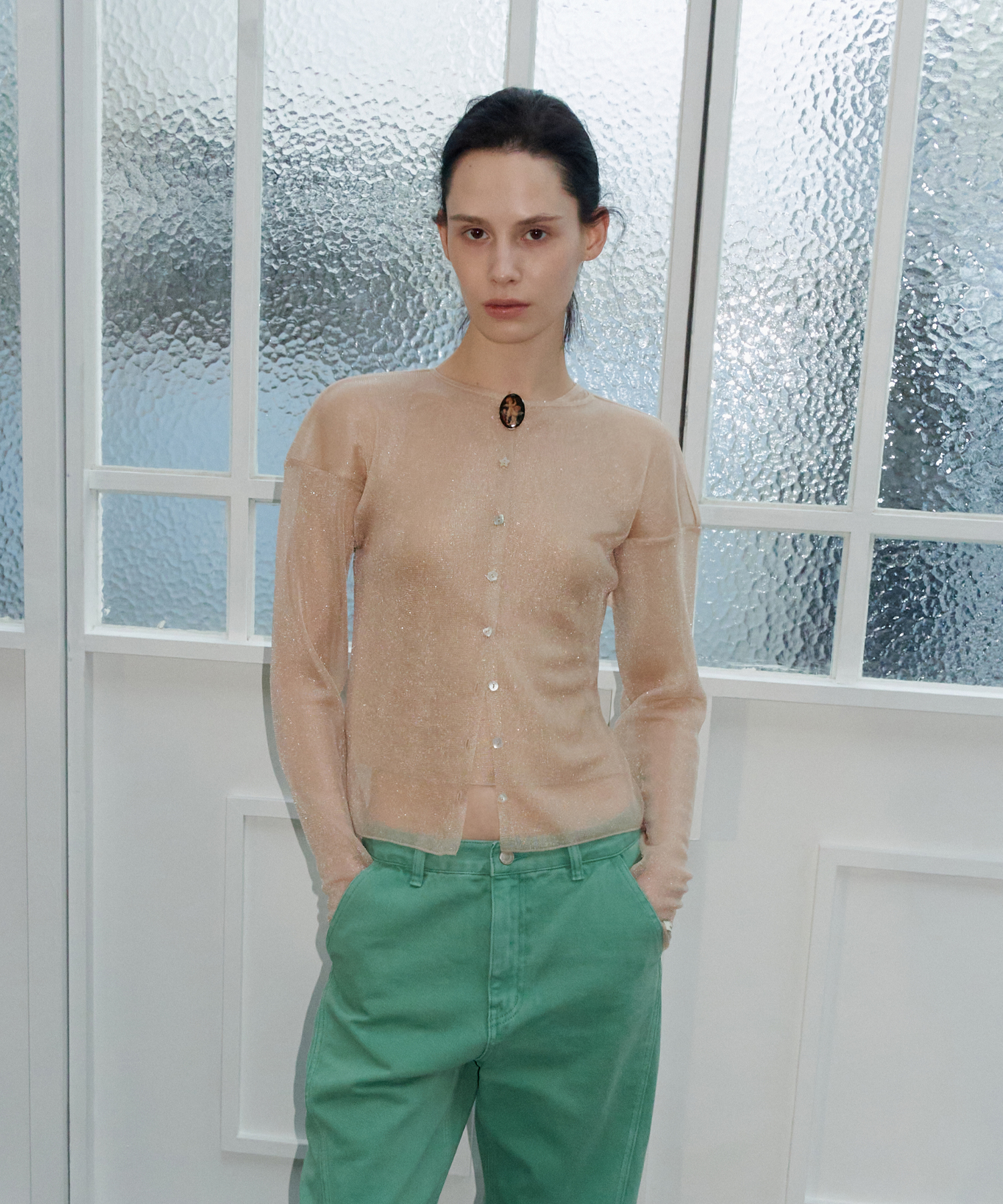 SHEER GLOSSY CARDIGAN_NUDE BEIGE