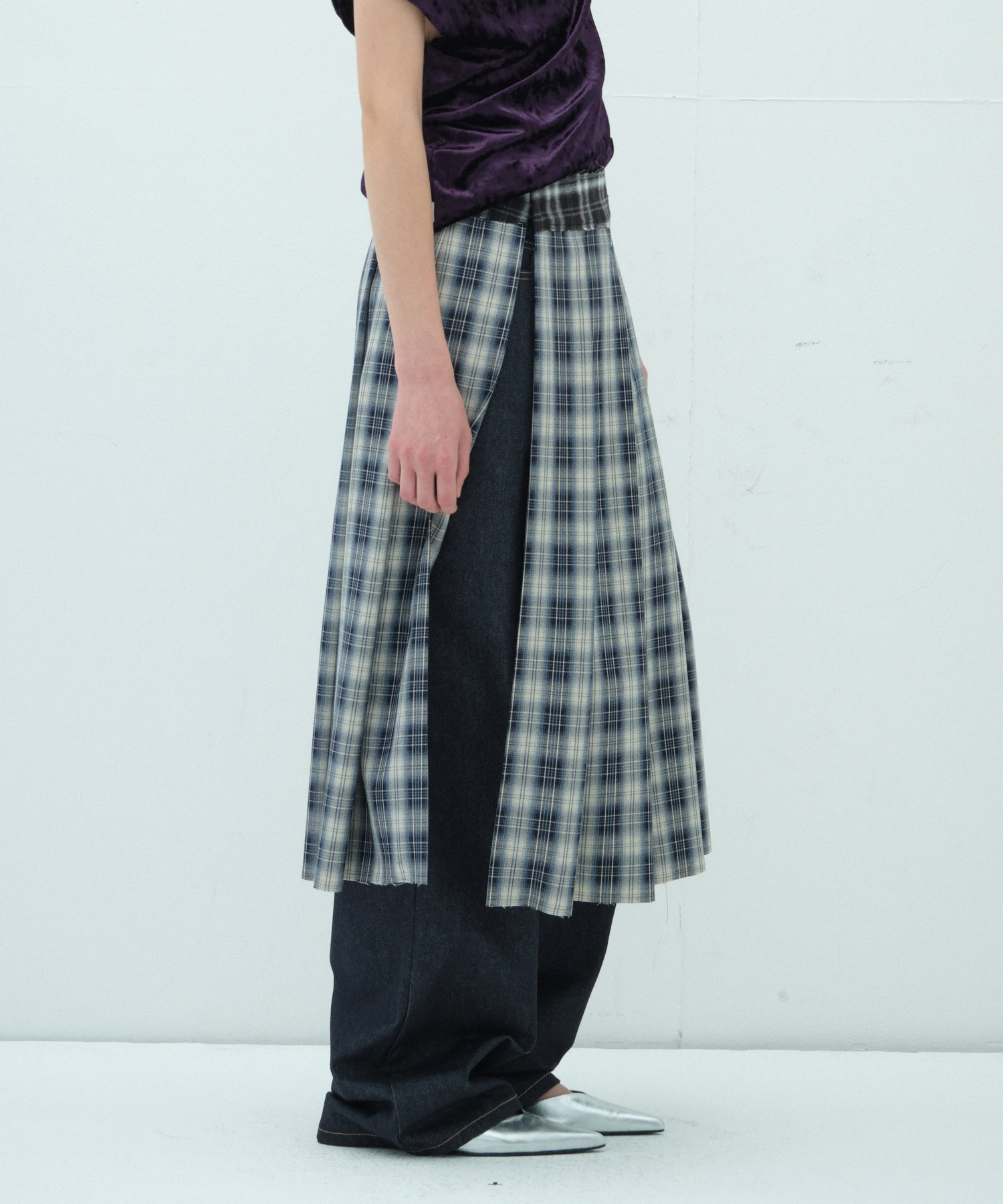 CHECK LAYERED WRAP SKIRT_NAVY