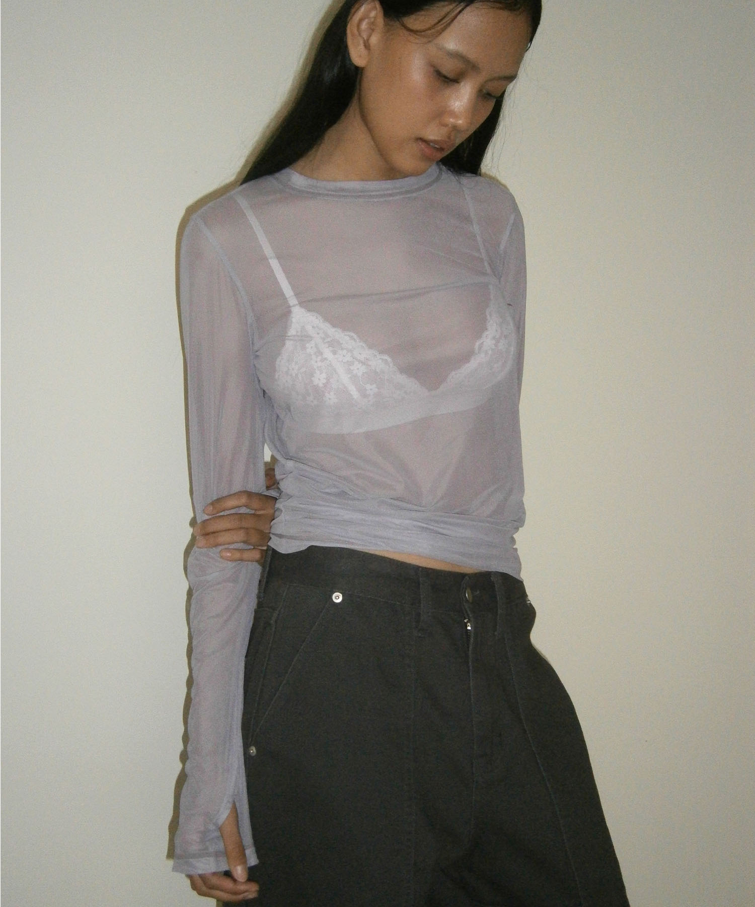 Sheer Shirring Long Sleeve Tee [Lavender]