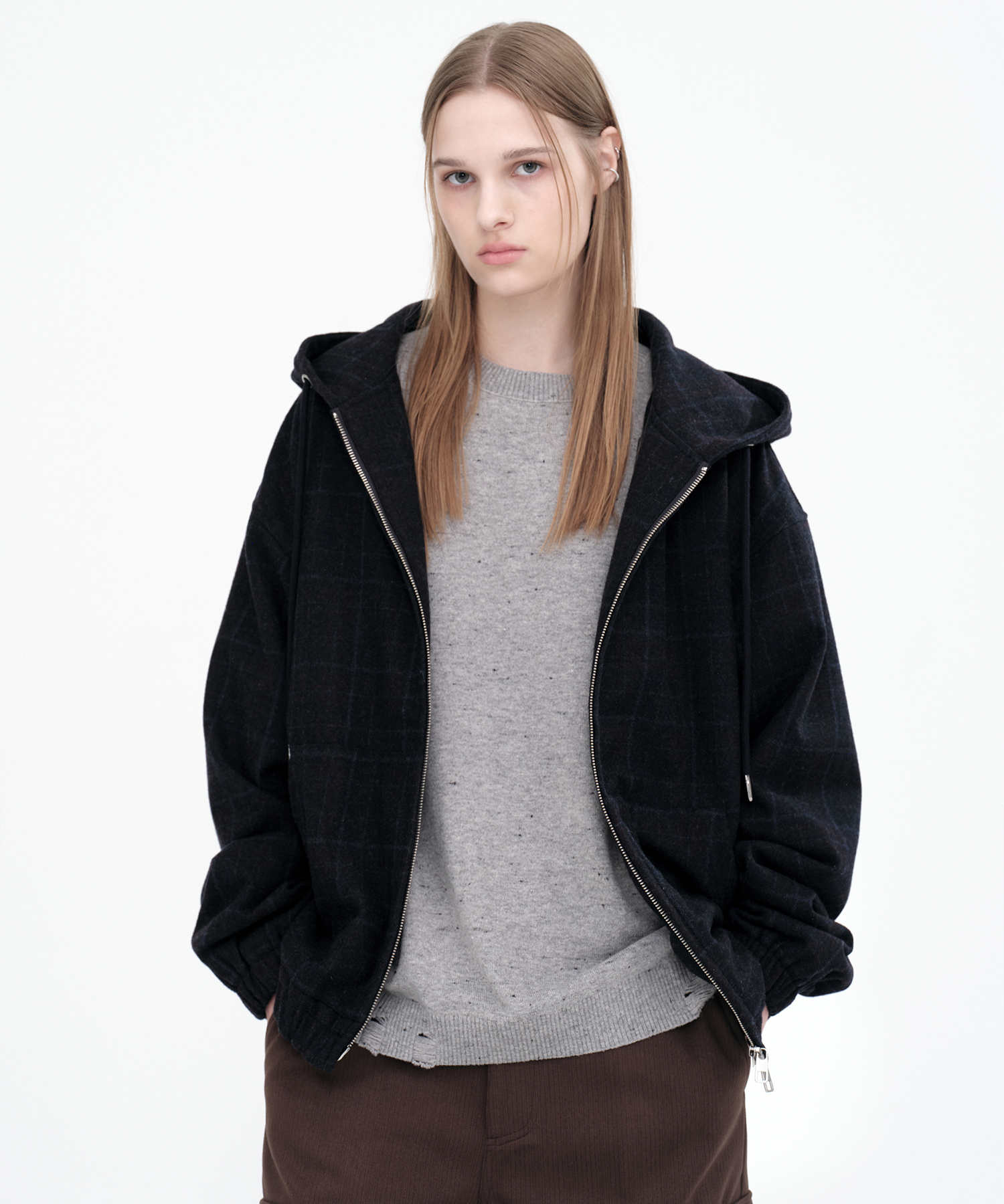 Over Fit Check Hoodie Jacket [Indigo Black]