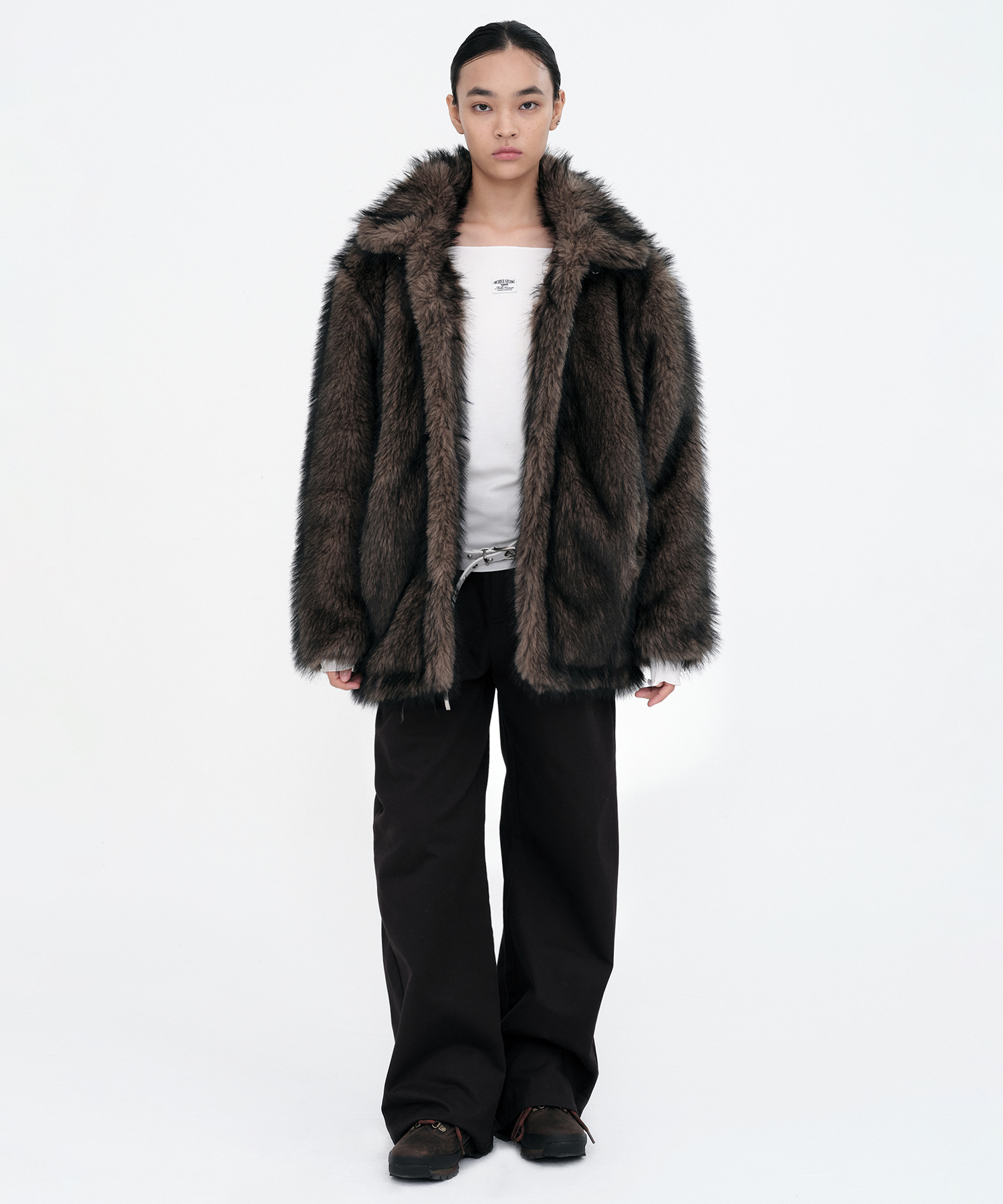 Buckle Long Hair Fur Jacket [Brown]