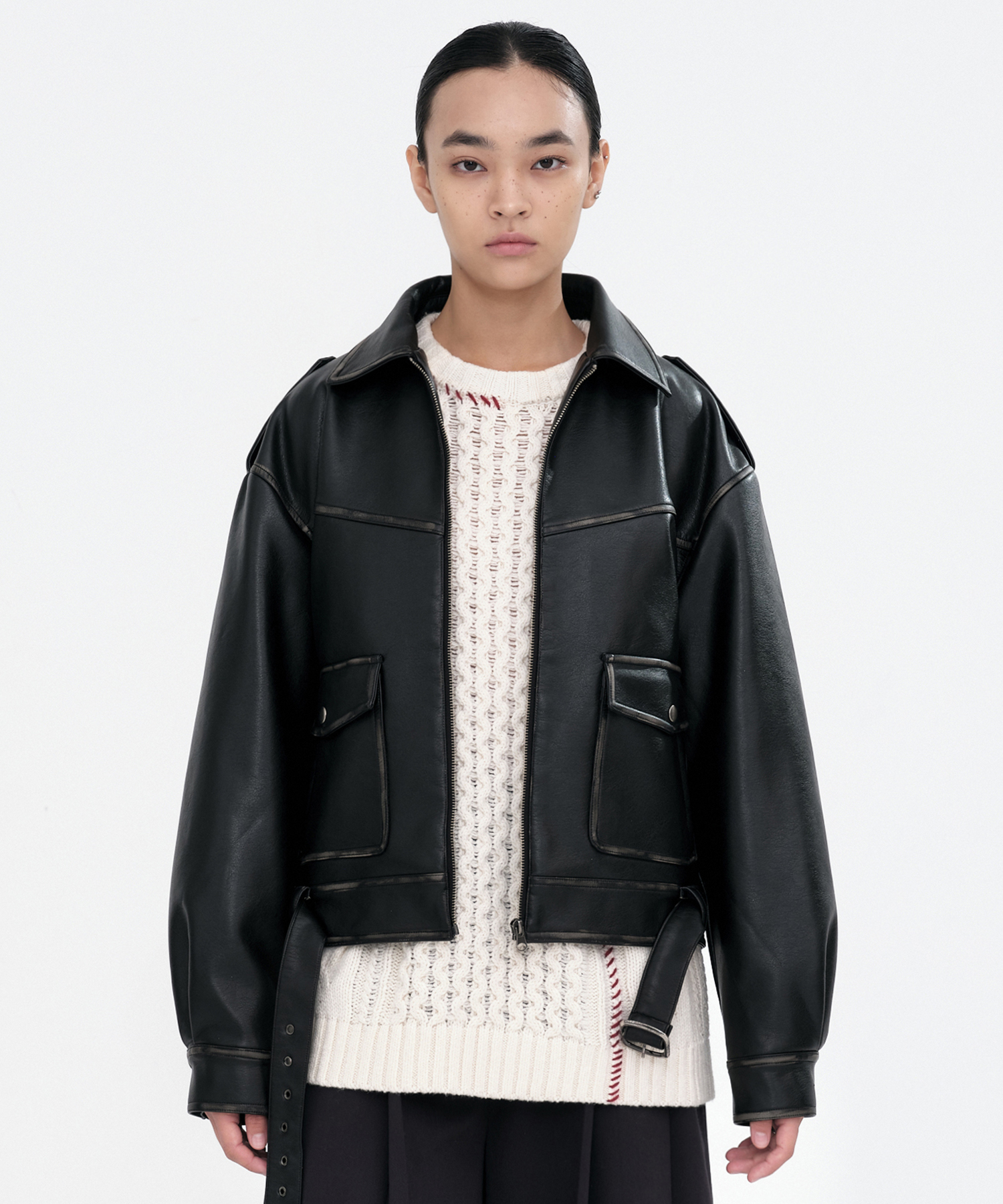 Belted Leather Jacket [Black]
