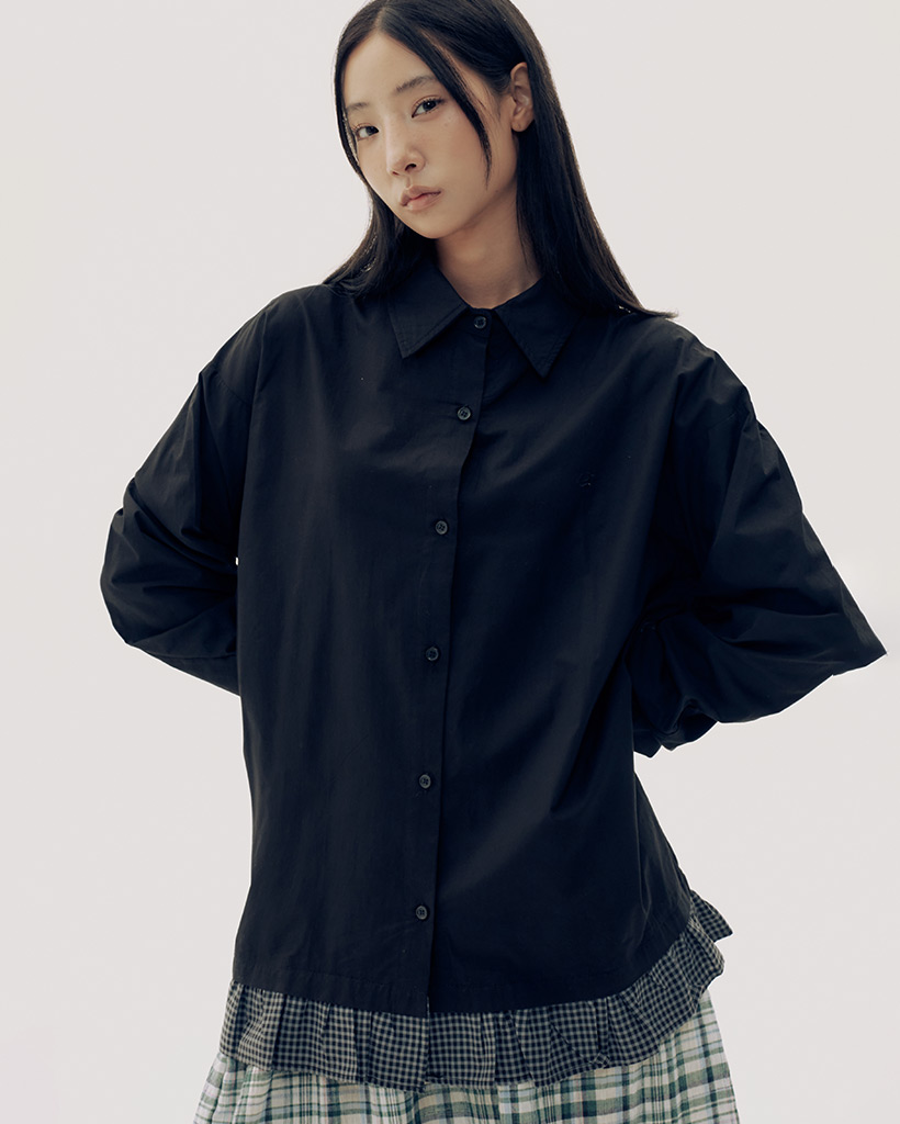 コットンラグランパターンストライプフリルオーバーサイズシャツ[ブラック]