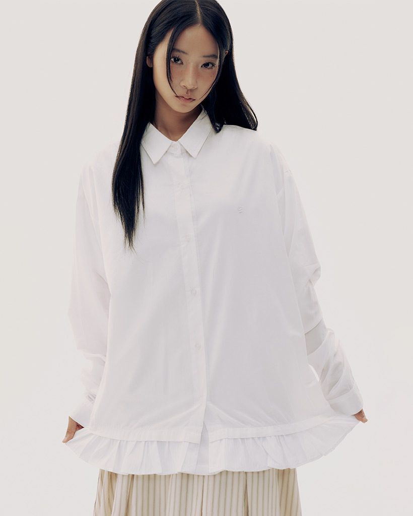 コットンラグランパターンストライプフリルオーバーサイズシャツ[ホワイト]