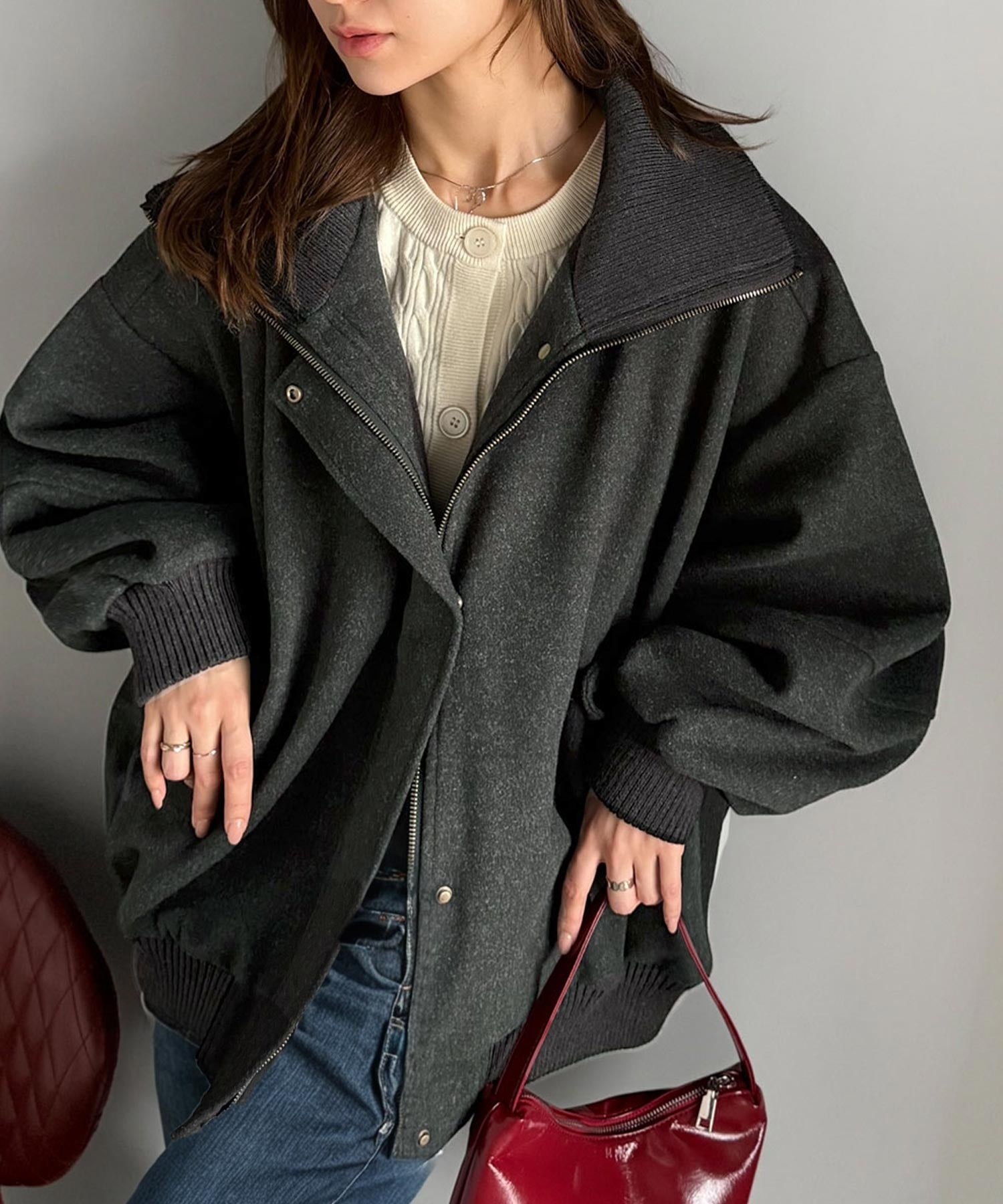 JaVaジャバコラボ》デイリーに輝く一着！ 襟リブニットメルトン比翼