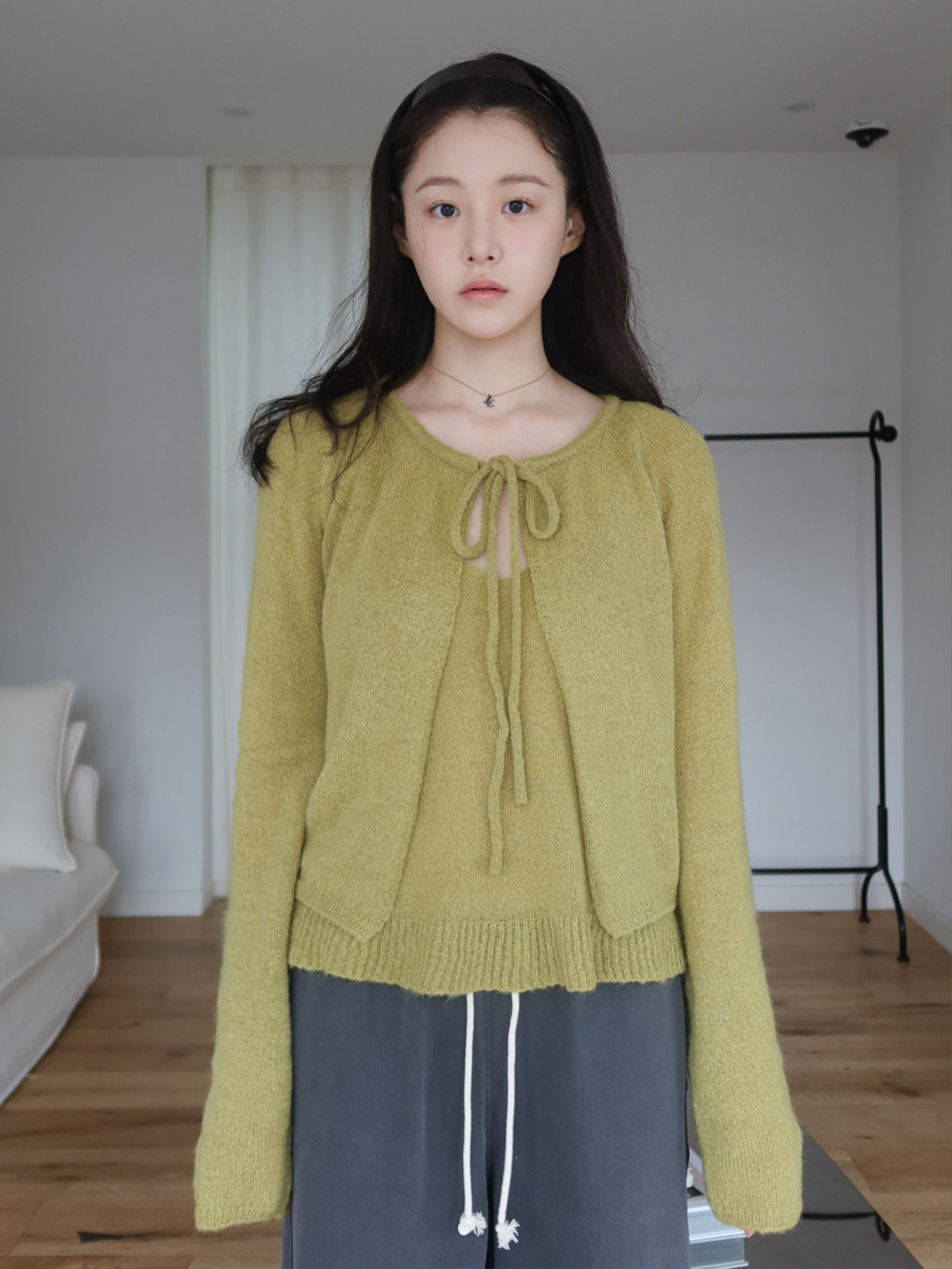 Mohair ribbon cardigan set [FRSP05CD07]_Olive