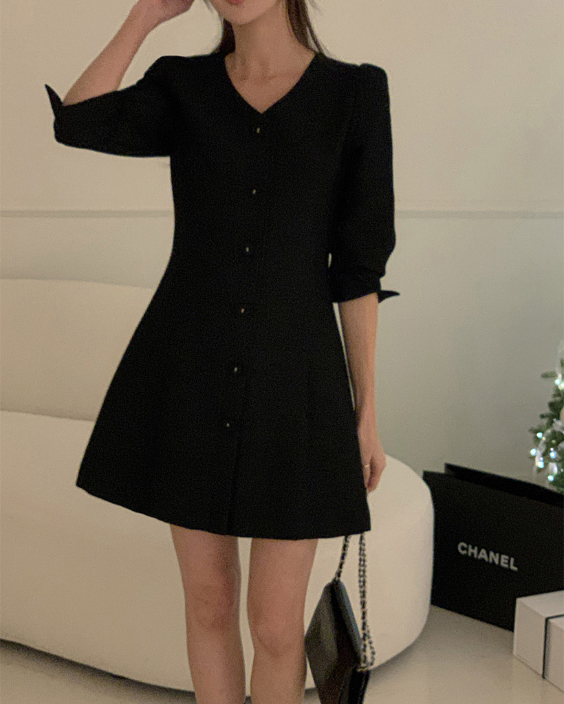 [original] ブイネック ボタン ツイード ワンピース (S-L)