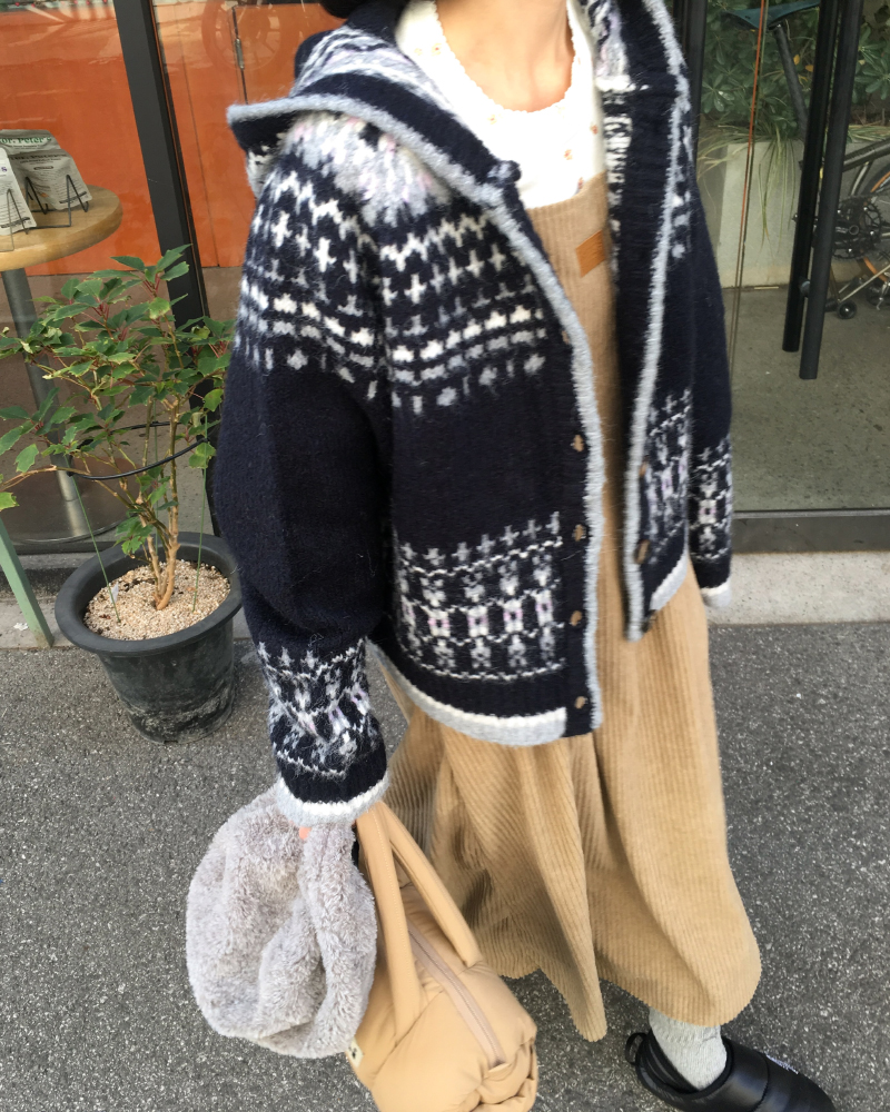 プリーツ　プリーズ　カットソー　長袖　ノルディック柄 original] ノルディック柄オーバーサイズフード付きフリース