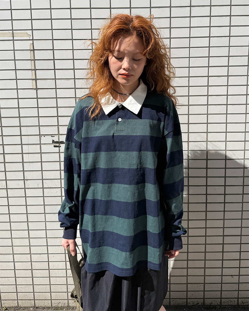 カラーネックボーダーロングTシャツ