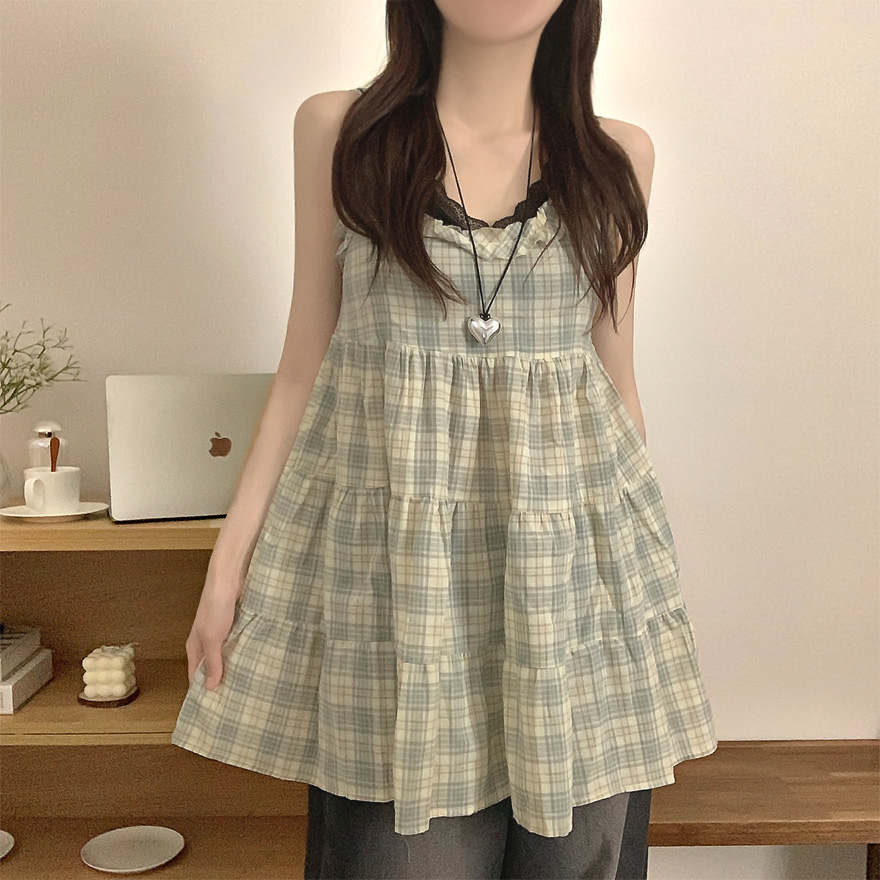 チェックレースティアードミニキャミワンピース | ファッション