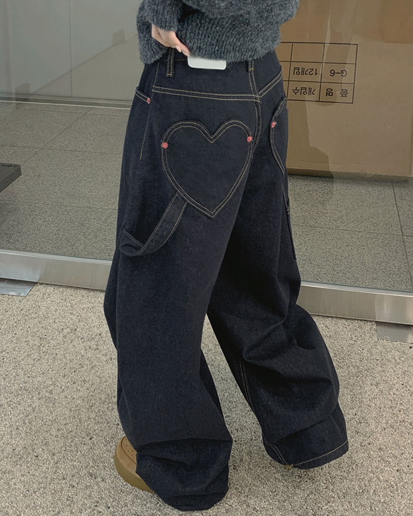 [色落ち防止 / 色移り防止] ハートポケット バルーンワイドフィット デニム