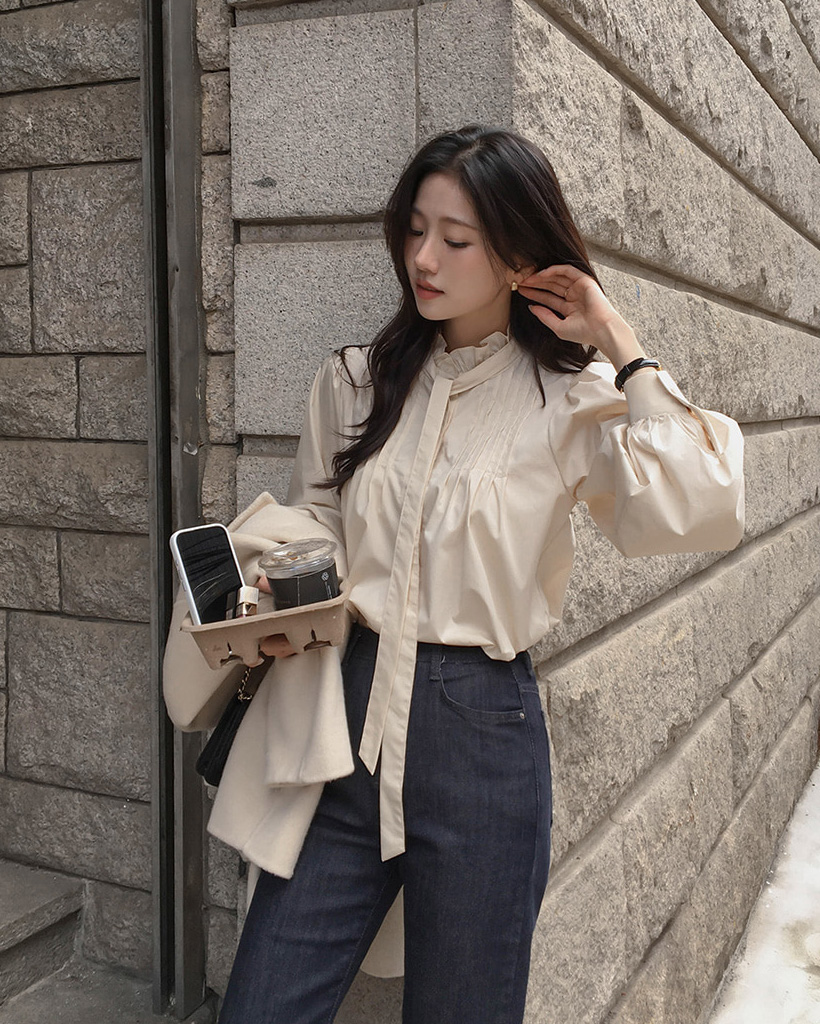 (2color) フリル ピンタック ボウタイ ブラウス トップス