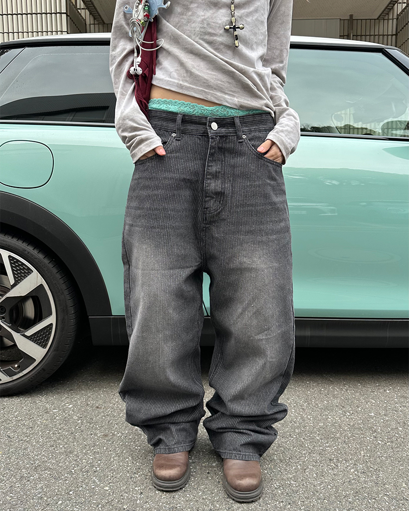 （ユニセックス）ヒゲウォッシュリブデニムパンツ