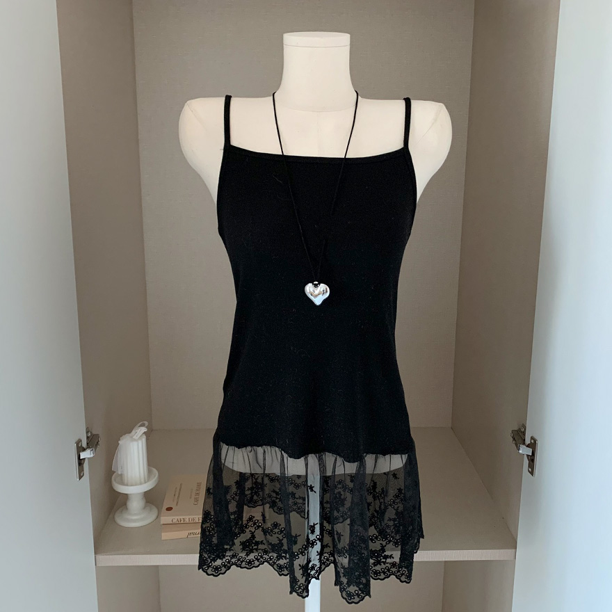 黒 ノースリーブ フレアミニワンピース　レースレイヤードフレアキャミワンピース レース肩リボンティアードフレアキャミソールミニワンピース