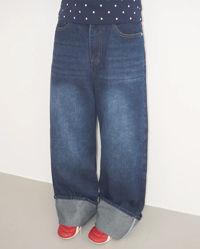 セルビッジウォッシングロールアップデザインワイドデニムパンツ_2COLOR