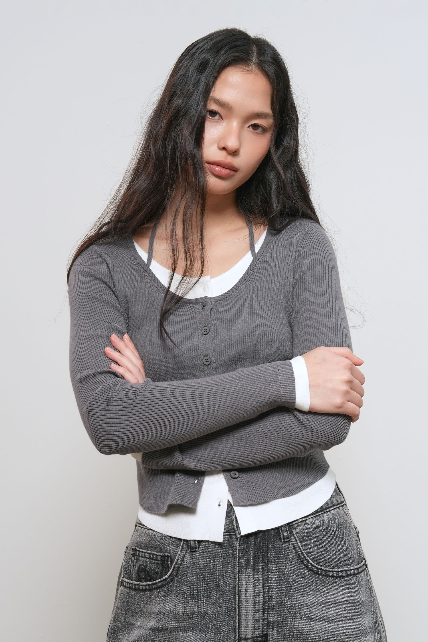 【限定商品】ストラップ付レイヤード風カーディガン