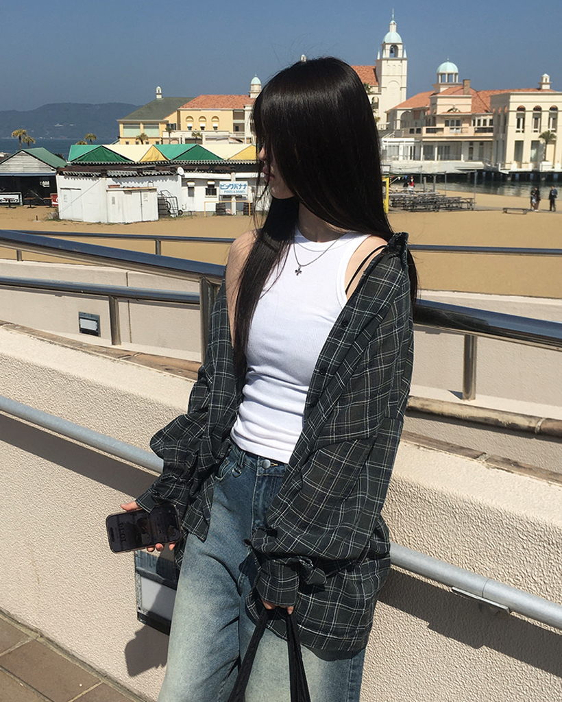 サマーシャツ] リネン混チェック柄オーバーフィットシアーシャツ