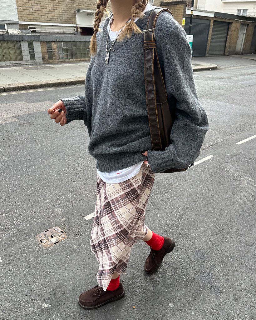 リボンタータンチェックシフォンミディスカート