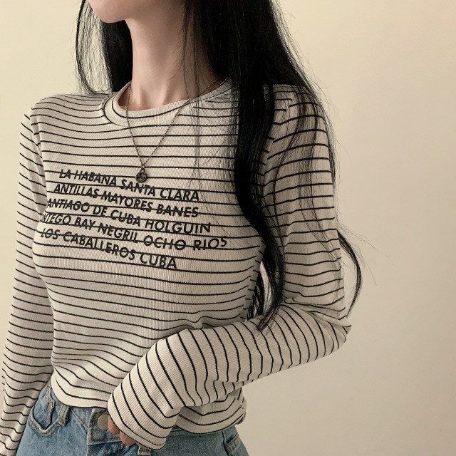 ボーダーストライプクロップド長袖Tシャツ