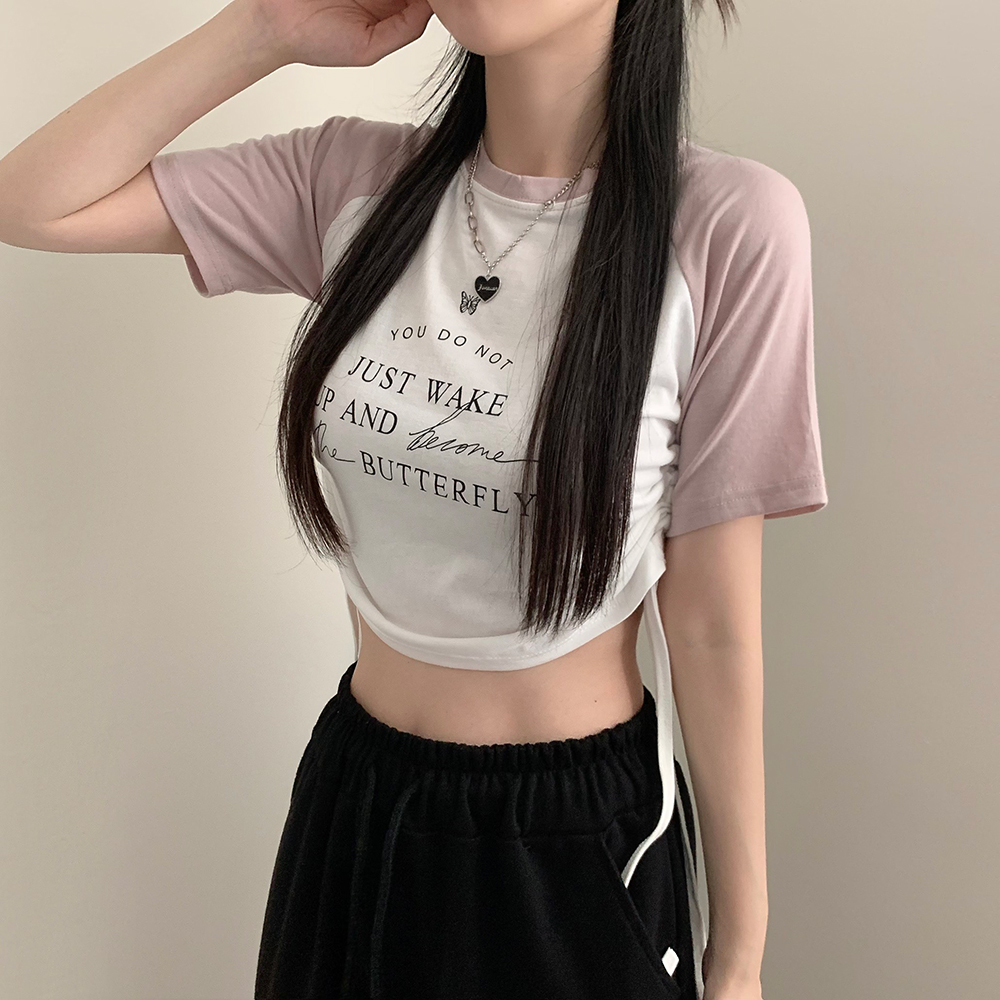 y2kストリングクロップドバイカラー半袖Tシャツ(4color