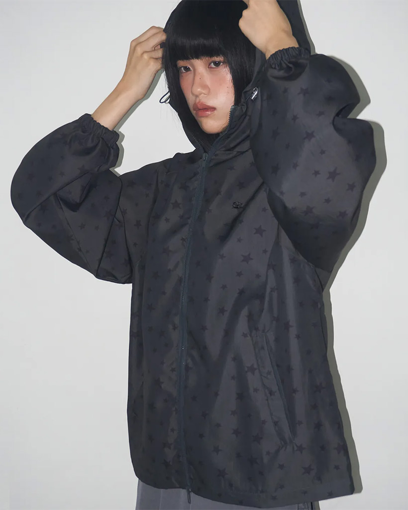 Star Print Overfit Windbreaker Hooded String Windbreaker [Charcoal]