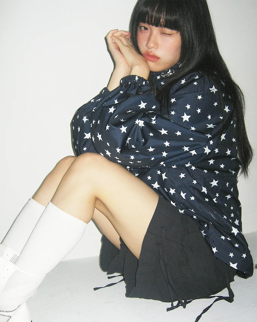 Star Print Overfit Windbreaker Hooded String Windbreaker [Navy]