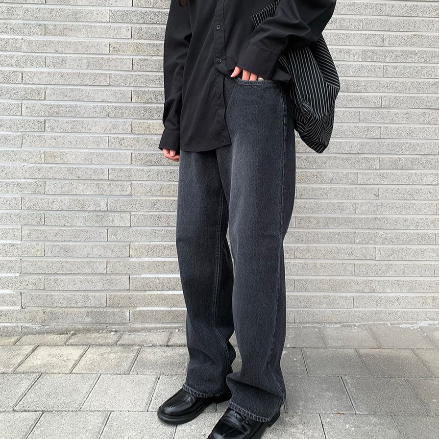 ツーボタンブラックデニムワイドパンツ | ファッション通販サイト NUGU